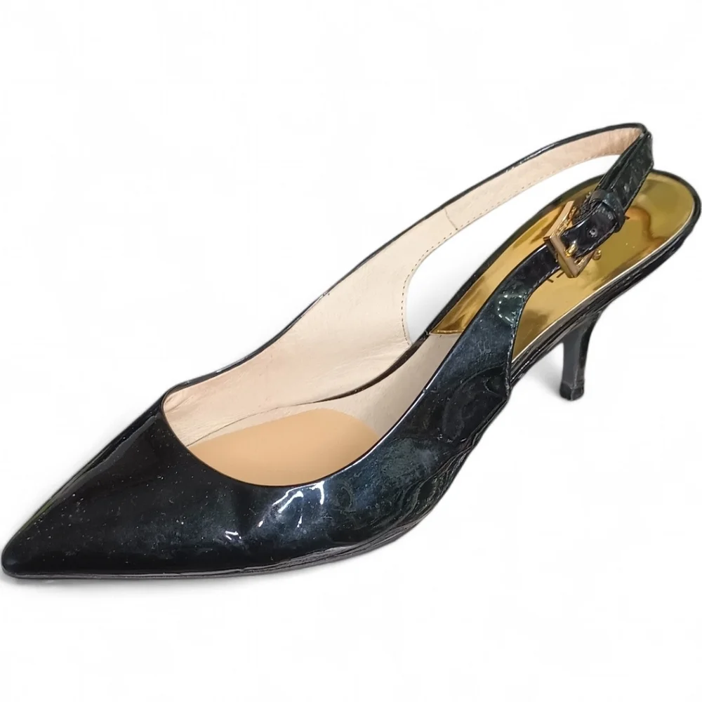 Michael Kors | Kelsey Kitten Slingback | Blk Patent Leather Gold Hardware | Sz 9